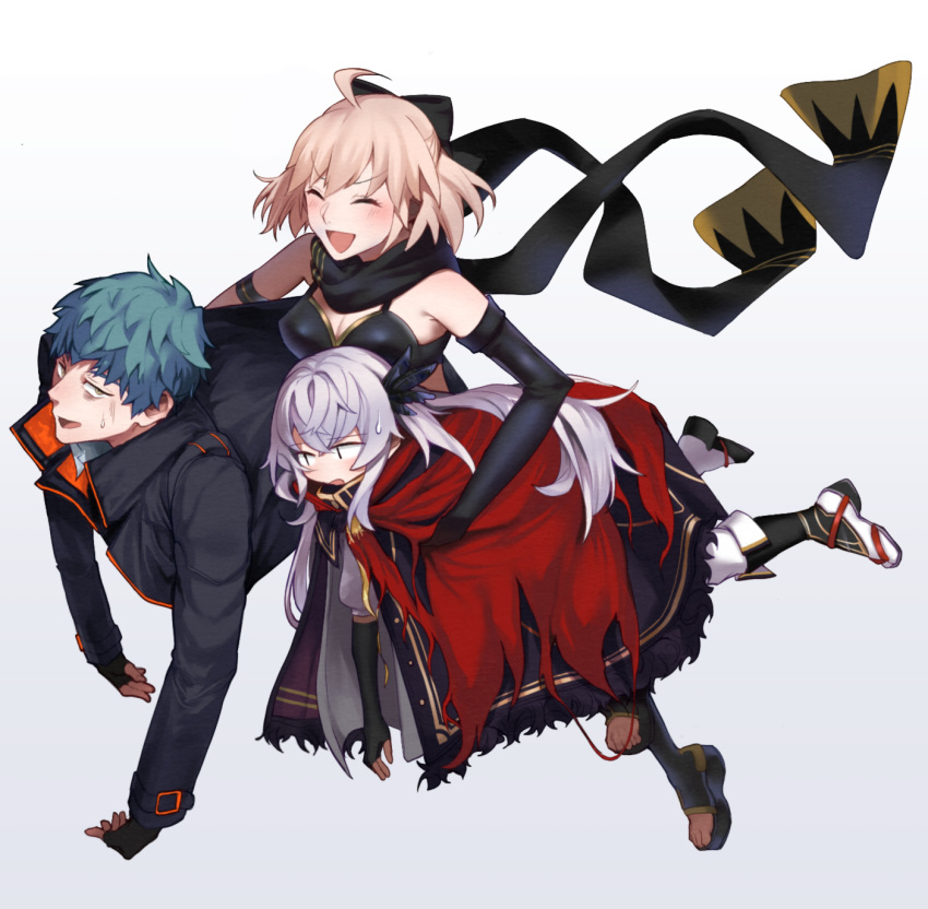 1boy, 2girls, ahoge, bikini, black_bikini, black_coat, black_scarf, carrying, carrying_person, carrying_under_arm, cloak, coat, fate/grand_order, fate_(series), gradient_background, highres, long_hair, multiple_girls, okita_j._souji_(fate), okita_souji_(fate), saika_magoichi_(fate), saitou_hajime_(fate), sandals, scarf, sixiland, sweatdrop, swimsuit, toeless_legwear