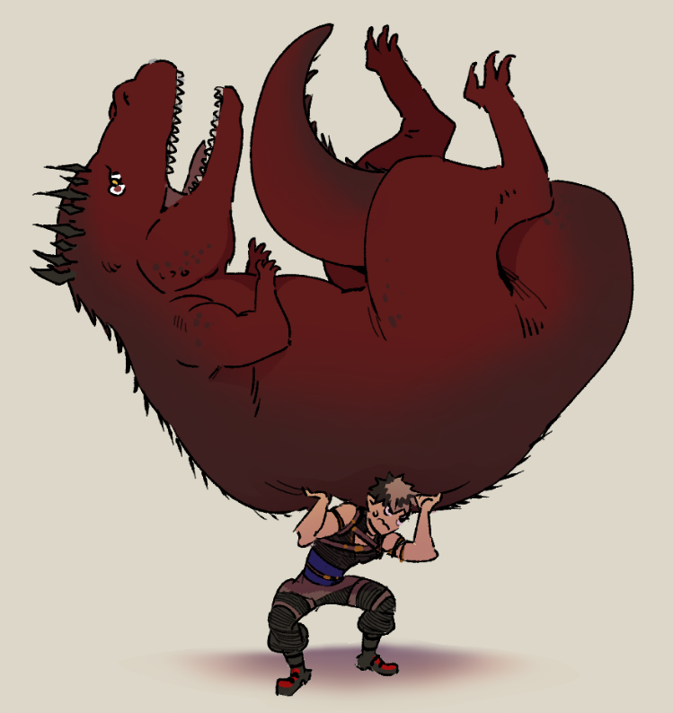 1boy, belt, between_legs, black_hair, crimzon_ruze, dinosaur_boy, english_commentary, full_body