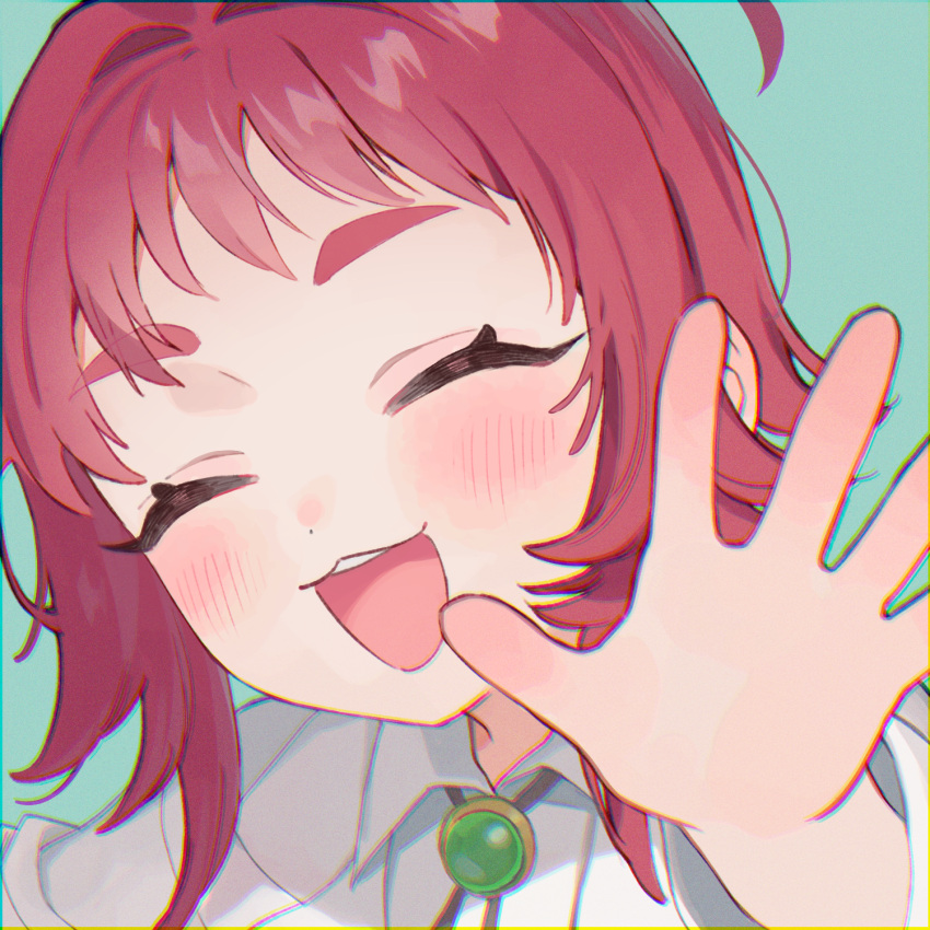 1girl, :3, :d, aqua_background, blush, bolo_tie, close-up, closed_eyes