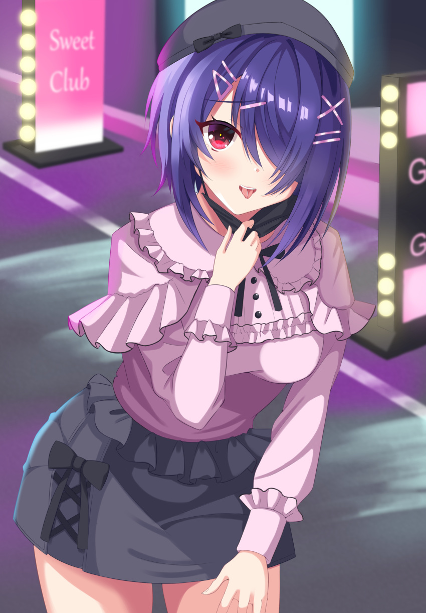 1girl, :p, absurdres, aogiri_koukou, beret, black_bow, black_hairband, black_mask