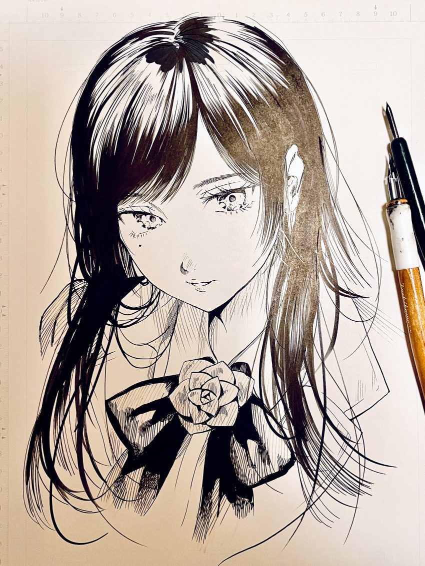 1girl, ado_(utaite), art_tools_in_frame, bow, bowtie, chando_(ado), cloud_nine_inc, commentary, cropped_torso, daisukisan, flower_brooch, greyscale, highres, long_hair, looking_at_viewer, mole, mole_under_eye, monochrome, nib_pen_(medium), nib_pen_(object), parted_lips, pen, simple_background, solo, traditional_media, upper_body, utaite, white_background