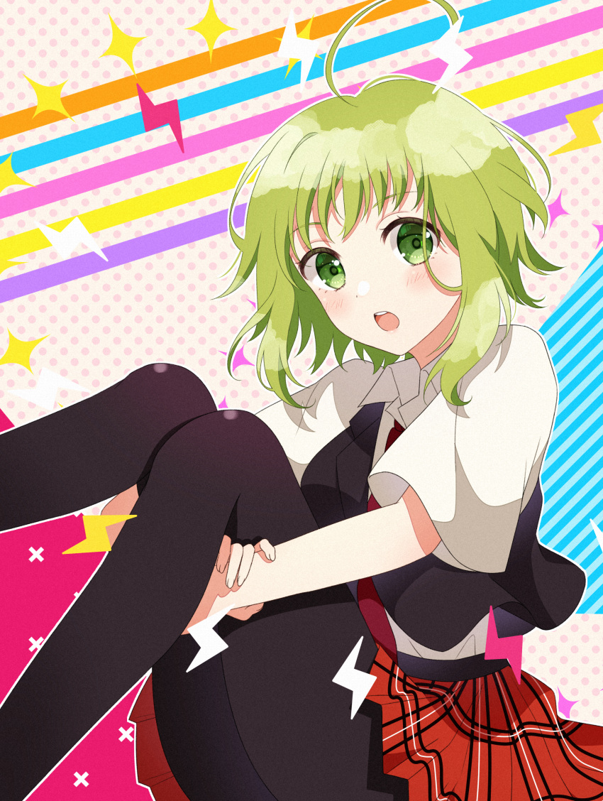 1girl, absurdres, ahoge, black_pantyhose, black_vest, blush, green_eyes, green_hair