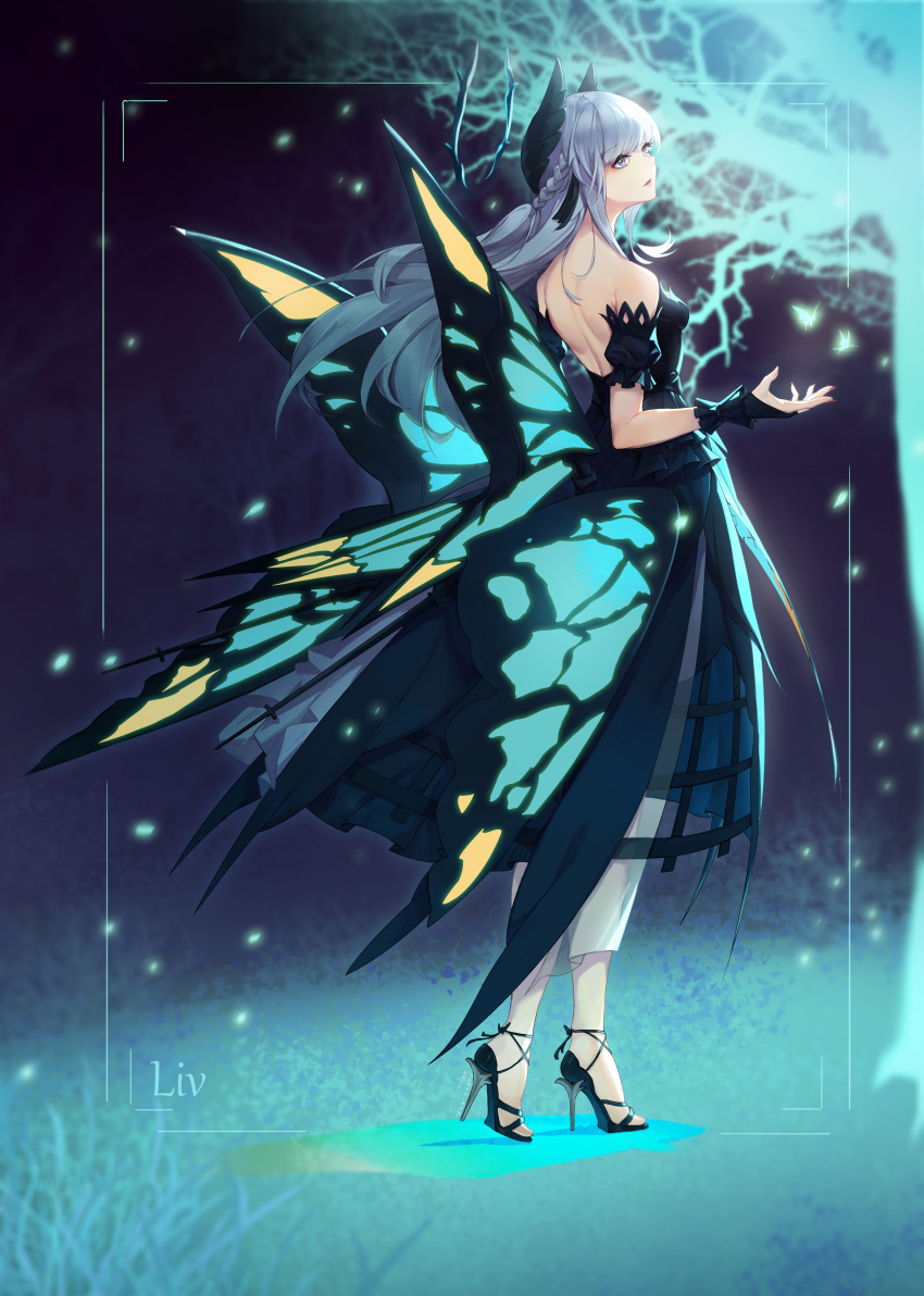 1girl, absurdres, backless_dress, backless_outfit, bare_shoulders, black_bow, black_gloves, bow