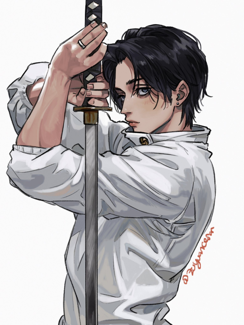 1boy, artist_name, black_hair, earrings, highres, holding, holding_sword, holding_weapon