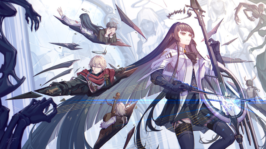 2girls, 4boys, absurdly_long_hair, absurdres, ahoge, animal_ears, antenna_hair, antlers, arknights, arm_up, artist_name, ascot, belt, belt_buckle, belt_pouch, black_ascot, black_belt, black_bustier, black_eyes, black_garter_straps, black_gloves, black_hair, black_halo, black_jacket, black_pouch, black_skirt, black_thighhighs, black_wings, blonde_hair, blue_bow, blue_eyes, blunt_bangs, blurry, blurry_background, blurry_foreground, bone, bow, bow_(music), breasts, broken_halo, broken_mirror, brown_belt, brown_horns, brown_vest, buckle, bustier, buttoned_cuffs, buttons, cable, cello, clement_dubois_(arknights), cloak, closed_mouth, collared_jacket, colored_inner_hair, covered_face, cowboy_shot, cropped_torso, crossed_bangs, crying, crying_with_eyes_open, dark_halo, deer_ears, depth_of_field, detached_wings, diffraction_spikes, double-parted_bangs, dress_shirt, dual_wielding, dutch_angle, earpiece, emblem, energy_wings, executor_(arknights), executor_the_ex_foedere_(arknights), eyelashes, facing_ahead, facing_away, facing_down, facing_to_the_side, false_smile, floating_hair, frilled_shirt, frilled_sleeves, frills, from_behind, from_side, garter_straps, gloves, glowing, goat_boy, goat_ears, goat_horns, grey_hair, grey_halo, grey_horns, grey_jacket, grey_shirt, gun, hair_between_eyes, hair_tie, halo, hands_on_own_face, hands_up, high_collar, highres, hime_cut, holding, holding_bow_(music), holding_gun, holding_instrument, holding_violin, holding_weapon, horns, inset, instrument, jacket, knee_up, knees, kreide_(arknights), layered_sleeves, lens_flare, lever_action, light_smile, lips, long_bangs, long_hair, long_sleeves, looking_afar, looking_ahead, looking_to_the_side, low_ponytail, low_side_ponytail, luciana_(arknights), marcello_(arknights), mechanical_halo, mechanical_wings, medal, medium_breasts, messy_hair, miniskirt, mirror, mole, mole_under_eye, multicolored_cloak, multicolored_hair, multicolored_horns, multiple_boys, multiple_girls, multiple_hands, music, open_mouth, outstretched_arms, outstretched_hand, pale_skin, parted_hair, patchwork_clothes, playing, playing_instrument, pleated_skirt, ponytail, pouch, puffy_long_sleeves, puffy_sleeves, reaching, red_cloak, reflection, reindeer_antlers, serious, shadow, shirt, short_hair, short_over_long_sleeves, short_sleeved_jacket, short_sleeves, shotgun, sidelighting, sidelocks, signature, skirt, sleeve_cuffs, smile, staff_(music), standing, statue, straight_hair, string, suspenders, tears, teeth, thigh-highs, thighs, two-tone_cloak, two-tone_hair, two-tone_horns, upper_body, upper_teeth_only, v-shaped_eyebrows, very_long_hair, vest, violin, virtuosa_(arknights), weapon, white_background, white_belt, white_cloak, white_jacket, white_shirt, wide_shot, wide_sleeves, wing_collar, wings, yellow_pupils, zangfang, zettai_ryouiki