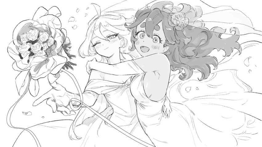 2girls, ahoge, bare_shoulders, bouquet, breasts, bridal_veil, bride, closed_mouth, dress, elbow_gloves, eyelashes, floating_hair, flower, gloomymato, gloves, gundam, gundam_suisei_no_majo, hair_down, hand_on_another's_back, highres, hug, long_hair, looking_at_viewer, miorine_rembran, multiple_girls, official_alternate_hairstyle, one_eye_closed, open_mouth, petals, ribbon, rose, sideboob, smile, strapless, strapless_dress, suletta_mercury, thick_eyebrows, veil, wedding, wedding_dress, wife_and_wife, yuri