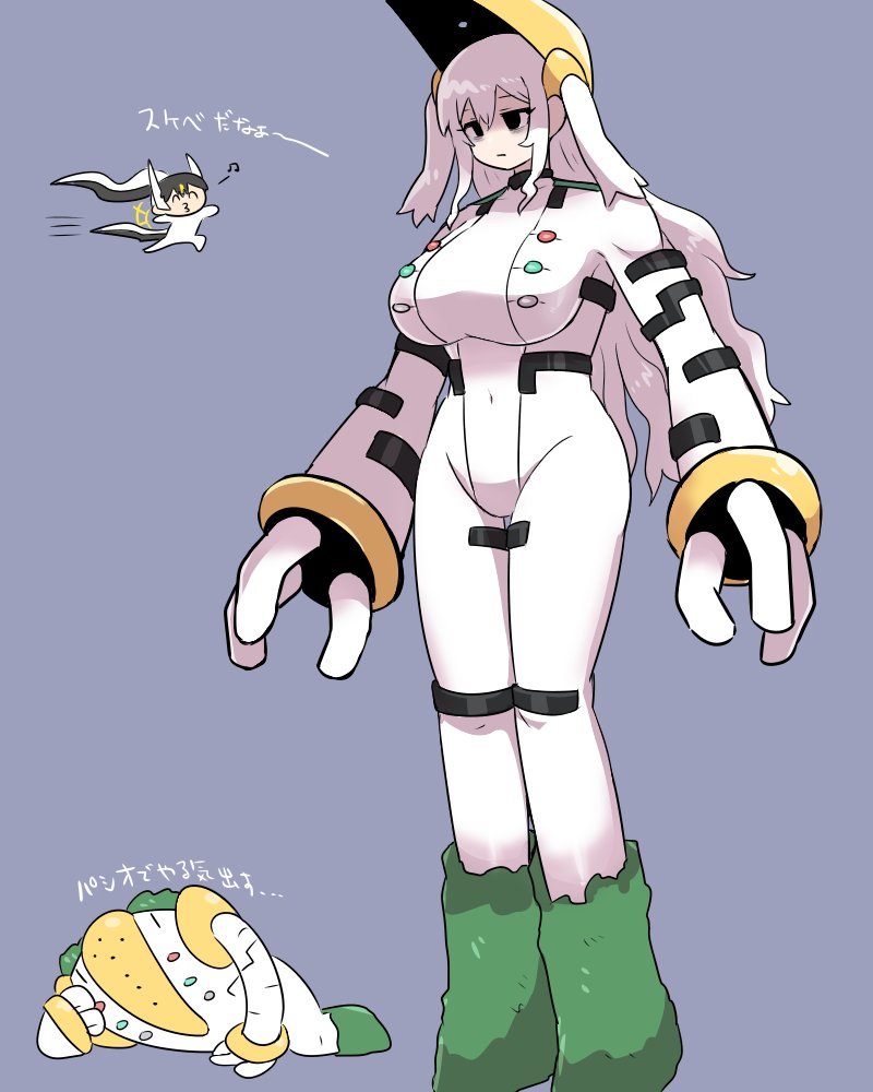 arceus, black_eyes, bodysuit, breasts, closed_mouth, covered_navel, gloves, grey_background, hair_ornament, kasugai_(de-tteiu), large_breasts, leg_warmers, long_hair, musical_note, navel, personification, pokemon, pokemon_(creature), regigigas, sidelocks, spoken_musical_note, white_hair