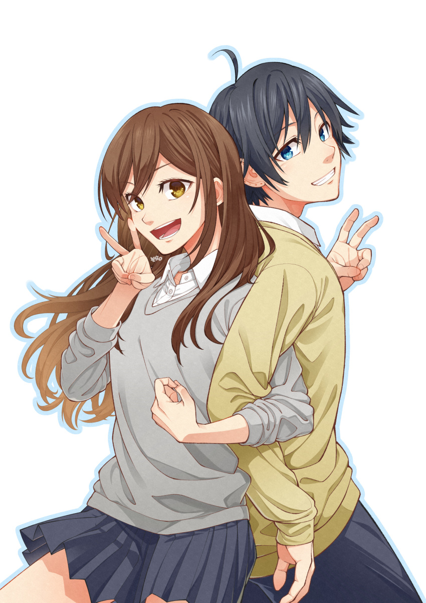 04sora40, 1boy, 1girl, ahoge, black_hair, blue_eyes, blue_pants, blue_skirt, brown_eyes, brown_hair, collared_shirt, grey_jacket, grin, hair_between_eyes, hetero, highres, hori-san_to_miyamura-kun, hori_kyouko, jacket, katagiri_senior_high_school_uniform, locked_arms, long_sleeves, looking_at_viewer, miyamura_izumi, open_mouth, pants, school_uniform, shirt, short_hair, simple_background, skirt, smile, v, white_background, white_shirt, yellow_jacket