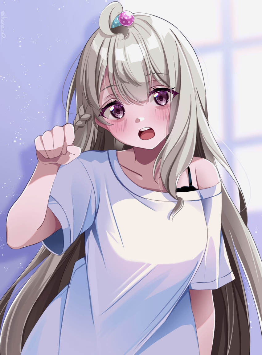 1girl, ahoge, blush, clenched_hand, grey_hair, highres, kano3, long_hair
