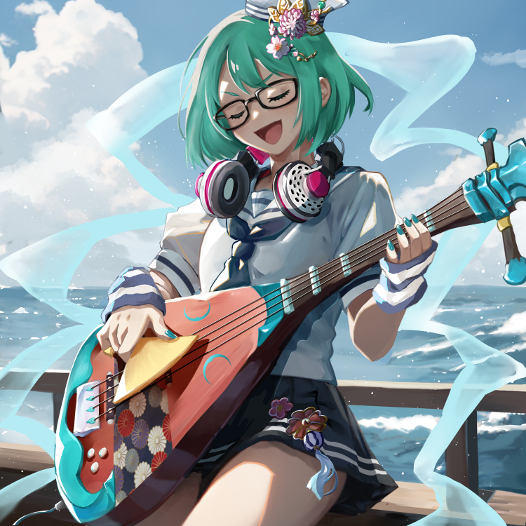 1girl, aqua_hair, benten_(housamo), biwa_lute, black-framed_eyewear, blue_neckerchief, blue_serafuku, closed_eyes