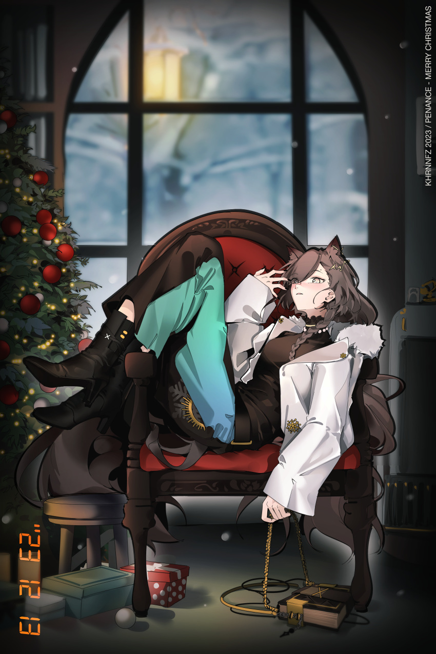 1girl, absurdres, animal_ear_fluff, animal_ear_piercing, animal_ears, aqua_dress, arknights, artist_name
