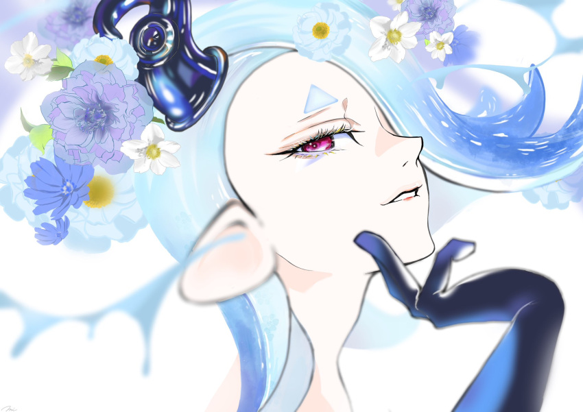 1girl, asymmetrical_hair, black_gloves, blue_flower, blue_hair, eyelashes, flower, gloves
