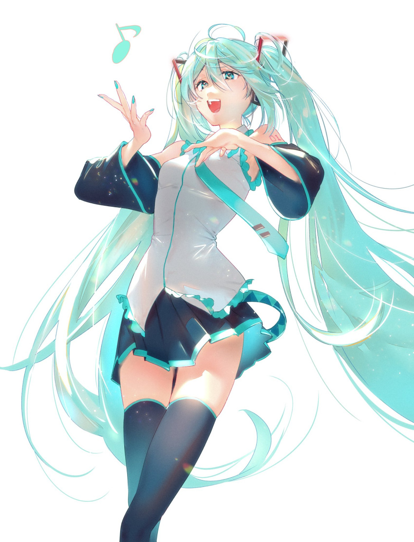 1girl, adochansukisuki, aqua_eyes, aqua_hair, aqua_nails, aqua_necktie, arm_tattoo, bare_shoulders