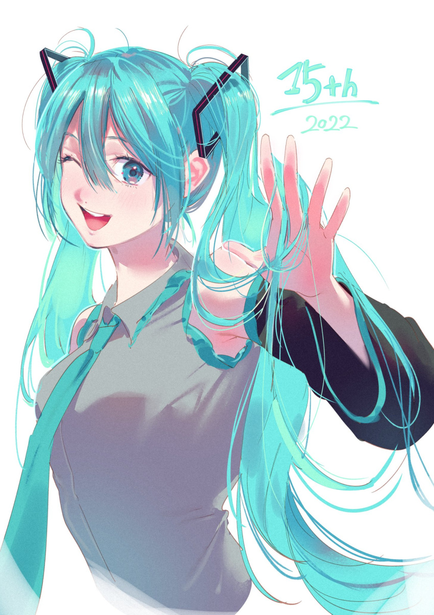 1girl, adochansukisuki, aqua_eyes, aqua_hair, aqua_necktie, breasts, collared_shirt, commentary, cropped_torso, dated, detached_sleeves, dress_shirt, grey_shirt, hair_between_eyes, hatsune_miku, highres, long_hair, long_sleeves, looking_at_viewer, medium_breasts, necktie, one_eye_closed, open_mouth, shirt, simple_background, sleeveless, sleeveless_shirt, solo, teeth, twintails, upper_body, upper_teeth_only, vocaloid, waving, white_background, wide_sleeves