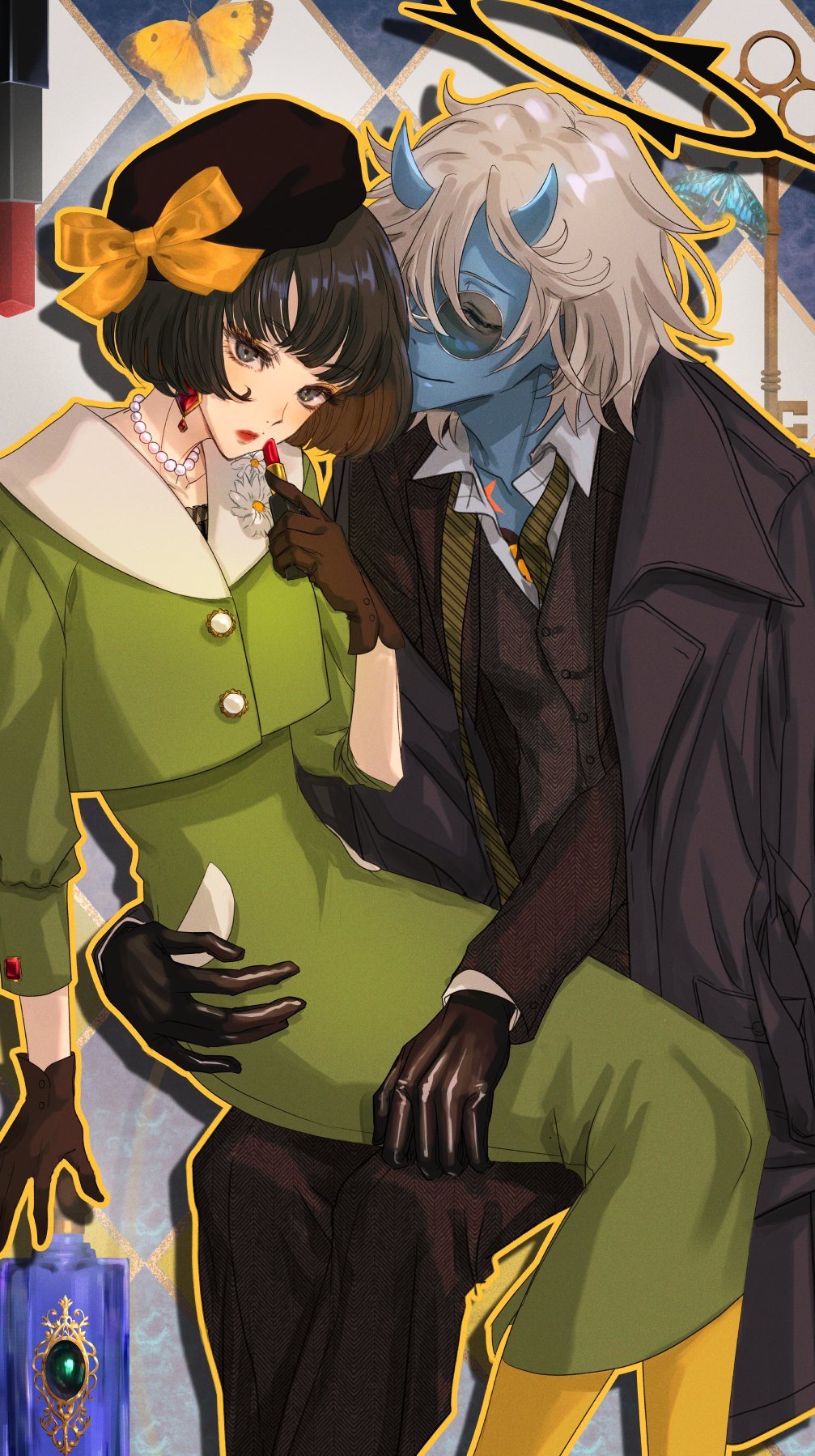 1boy, 1girl, alternate_costume, black_gloves, black_hair, black_halo, blue_horns, blue_skin