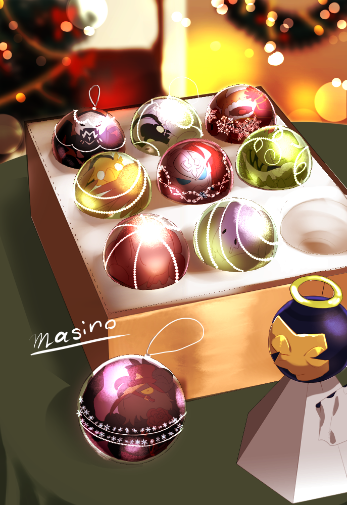 artist_name, blurry, bokeh, box, bukubukuchagama, character_print, christmas, christmas_ornaments