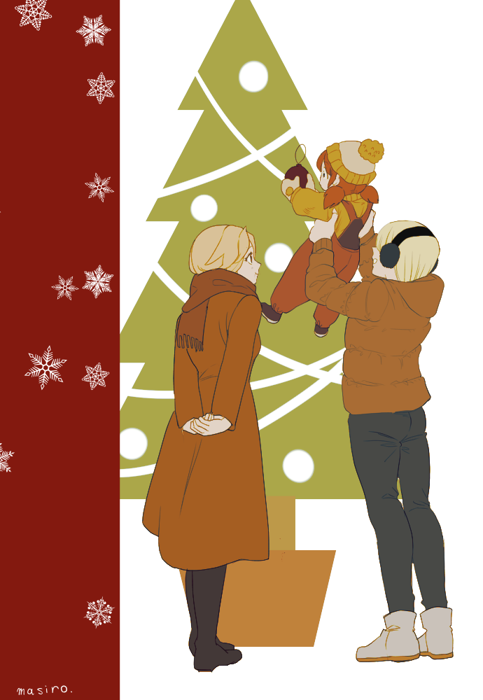 1boy, 2girls, arms_behind_back, artist_name, black_footwear, blonde_hair, boots, brown_scarf