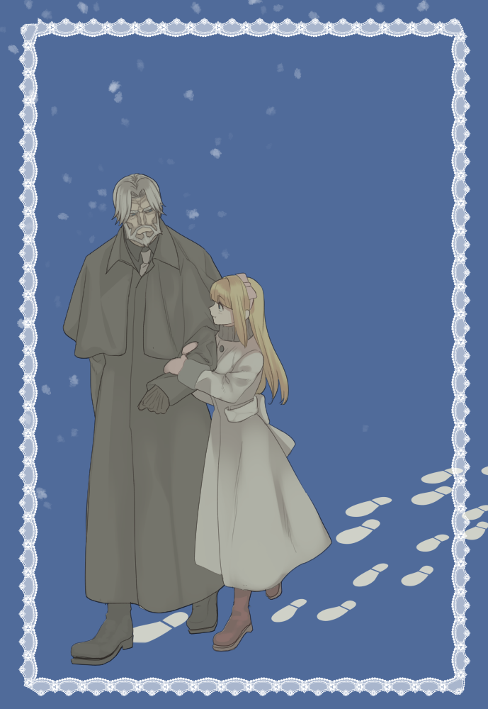 1boy, 1girl, beard, black_coat, black_footwear, black_gloves, blonde_hair, blue_background