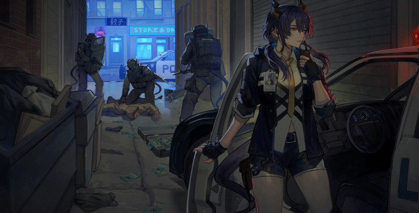 1boy, 1girl, 3others, absurdres, alley, ambiguous_gender, anbiya_h, arknights, armor, assault_rifle, backlighting, bag, belt, belt_buckle, black_belt, black_gloves, black_jacket, black_pants, black_pouch, black_straps, bloom, blue_hood, blue_jacket, blue_shorts, blue_tail, body_armor, breasts, brick_wall, briefcase, brown_hair, brown_horns, buckle, building, buttons, car, ch'en_(arknights), chinese_text, city, collared_shirt, commentary_request, covered_face, cowboy_shot, criss-cross_straps, dashboard, day, door, double-parted_bangs, dragon_girl, dragon_horns, dragon_tail, dress_shirt, drop_shadow, dumpster, english_commentary, english_text, expressionless, eyelashes, faceless, faceless_male, facing_ahead, facing_another, facing_away, facing_down, facing_to_the_side, facing_viewer, finger_on_trigger, fingerless_gloves, floating_hair, from_behind, from_side, full_body, gloves, gun, gun_on_back, hair_between_eyes, hair_tie, half-closed_eyes, hand_on_another's_back, hand_on_car, hand_rest, hand_up, handgun, held_down, helmet, highres, holding, holding_gun, holding_shield, holding_walkie-talkie, holding_weapon, hood, hood_down, hood_up, hooded_jacket, horns, id_card, jacket, knee_pads, leaning, leaning_forward, leaning_on_person, lips, long_sleeves, looking_afar, looking_to_the_side, low_twintails, lungmen_dollar, lungmen_guard_department_logo, lying, medium_breasts, midriff_peek, motor_vehicle, multiple_others, necktie, on_one_knee, on_stomach, open_clothes, open_jacket, outdoors, pants, parted_lips, pavement, plate_carrier, pocket, pointing_gun, police, police_car, police_uniform, pouch, red_eyes, reflection, reflective_ground, restaurant, restrained, rifle, riot_shield, road, shade, shadow, shield, shirt, short_hair, short_shorts, shorts, sidelocks, snap-fit_buckle, solo_focus, standing, strap, street, surrendering, tactical_clothes, tail, thigh_pouch, thigh_strap, thighs, tire, translation_request, trash, trash_bag, twintails, uniform, urban, visor_(armor), walkie-talkie, weapon, weapon_on_back, weapon_request, wet, wet_pavement, white_shirt, wide_shot, window, window_blinds, windshield, wing_collar, winged_helmet, yellow_hood, yellow_jacket, yellow_necktie