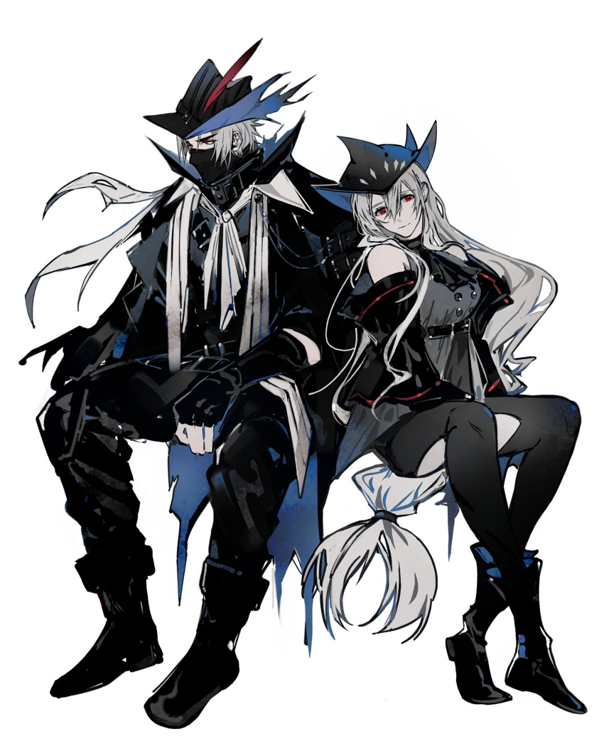 1boy, 1girl, arknights, ascot, black_ascot, black_footwear, black_gloves, black_headwear, black_jacket, black_pants, black_shirt, clothing_cutout, gloves, grey_shirt, gyulseu, highres, jacket, jacket_on_shoulders, long_hair, long_sleeves, looking_ahead, looking_to_the_side, mask, mouth_mask, pants, red_eyes, shirt, shoes, sitting, skadi_(arknights), smile, thigh_cutout, ulpianus_(arknights), very_long_hair, white_background