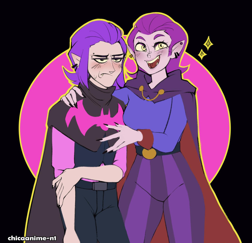 1boy, 1girl, black_nails, brawl_stars, cape, clash_mini, clash_of_clans, countess_(clash_mini)