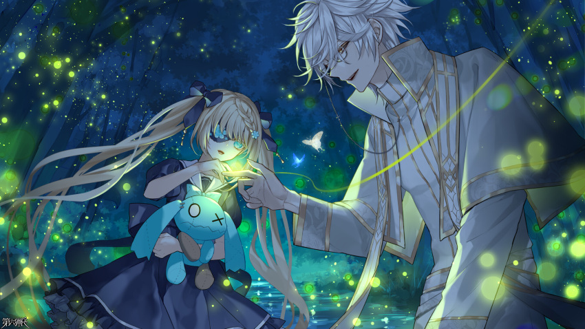 1boy, 1girl, black_dress, black_hair, blonde_hair, blue_butterfly, blue_eyes, bow