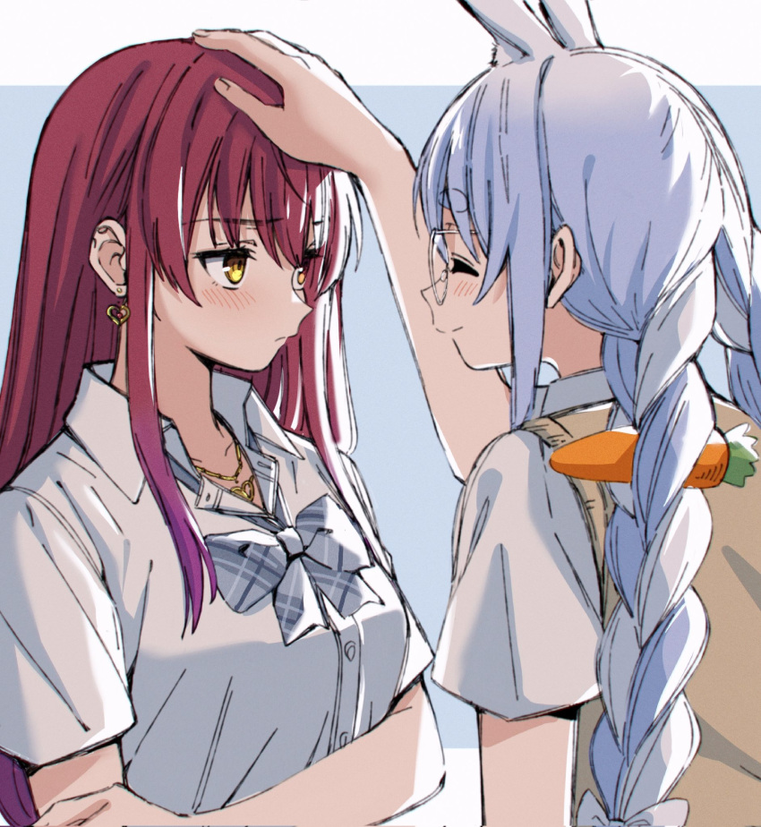 2girls, alternate_costume, animal_ear_fluff, animal_ears, bespectacled, blue_hair, blush, braid