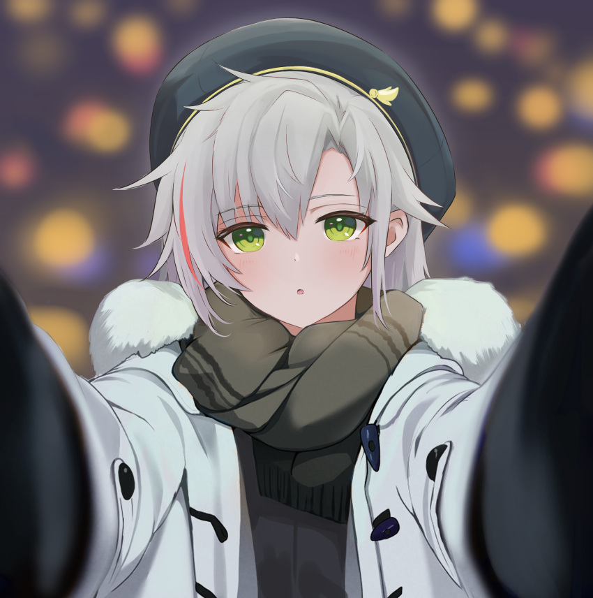 1girl, beret, blurry, brown_scarf, coat, depth_of_field, eiyuu_densetsu, english_commentary