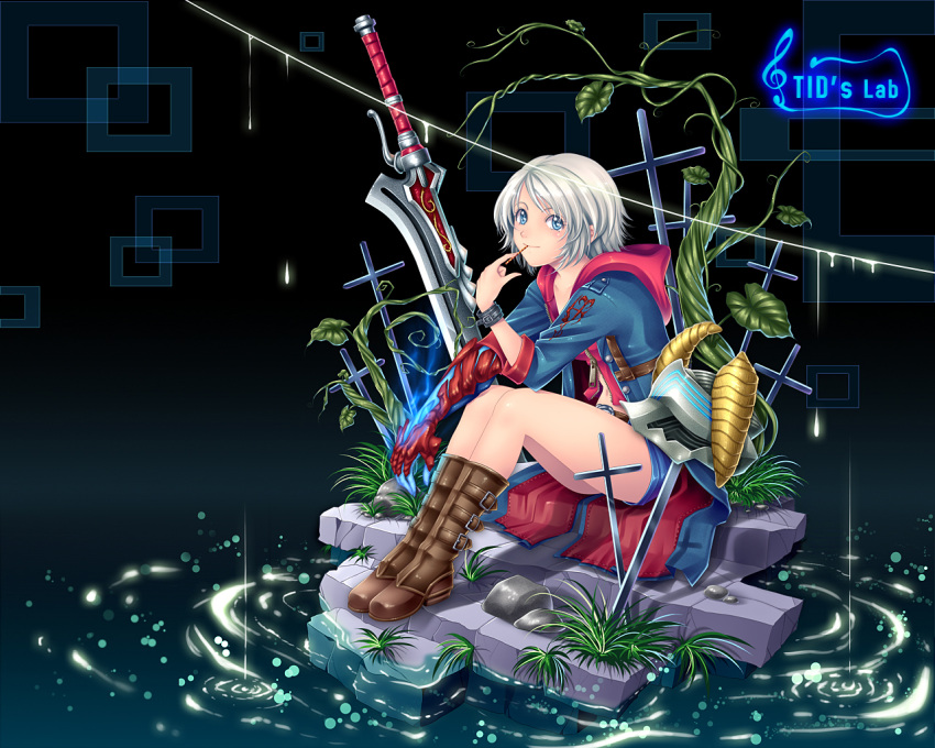 1girl, cross, devil_bringer, devil_may_cry, devil_may_cry_(series), devil_may_cry_4, genderswap, genderswap_(mtf), nero_(devil_may_cry), short_hair, silver_hair, sitting, solo, sword, tidsean, water, weapon, white_hair
