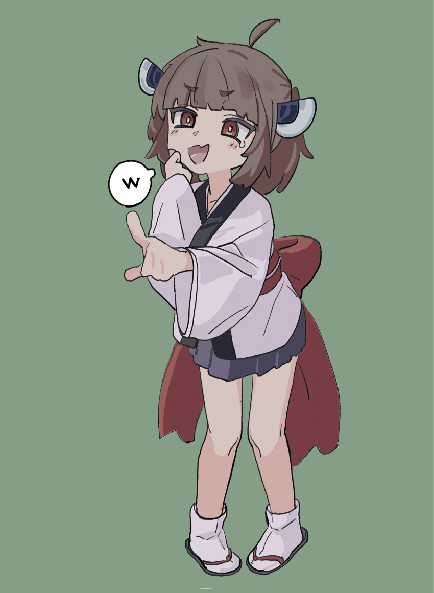 1girl, absurdres, ahoge, brown_eyes, brown_hair, full_body, green_background, grey_skirt
