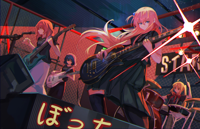 4girls, absurdres, ahoge, band, bass_guitar, black_shirt, black_skirt, blonde_hair