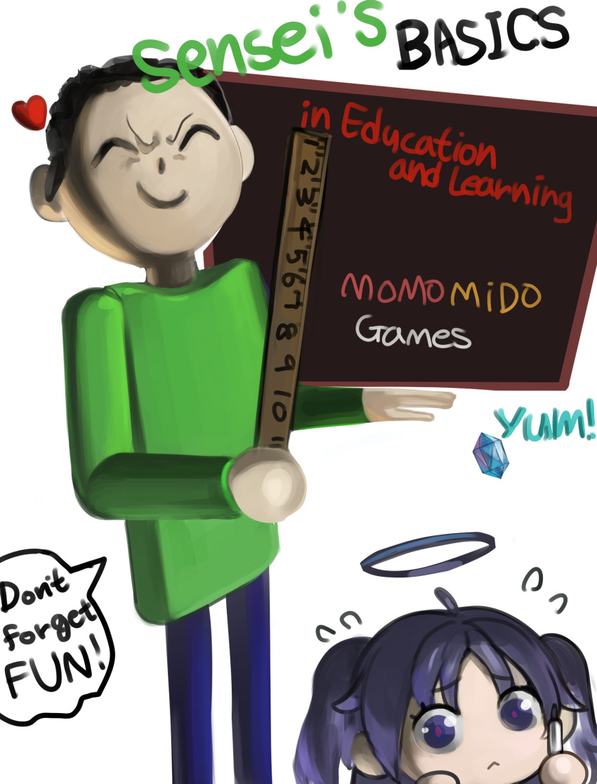 1boy, 1girl, :<, ahoge, arona's_sensei_doodle_(blue_archive), baldi, baldi's_basics, baldi_(cosplay)