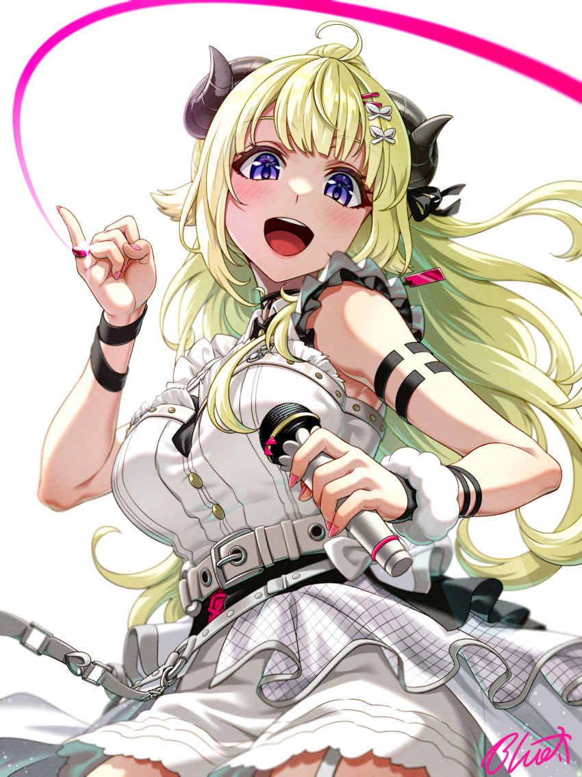 1girl, :d, ahoge, animal_ears, bare_shoulders, belt, black_background, blonde_hair