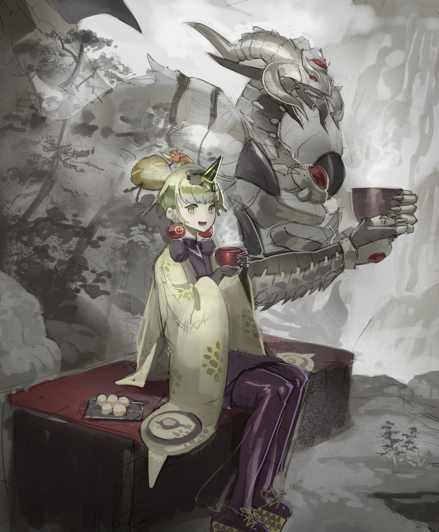 1boy, 1girl, aluber_(yu-gi-oh!), armor, cup, dango, earrings, food