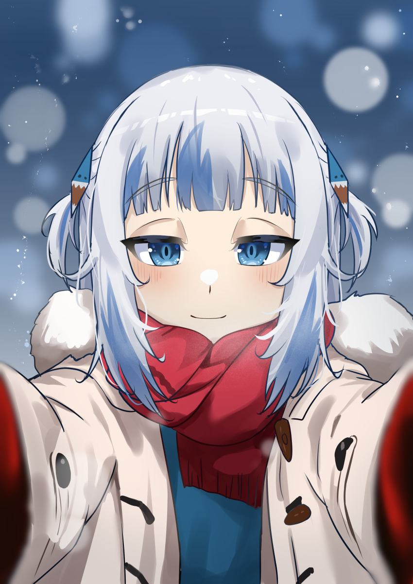 1girl, absurdres, blue_hair, blunt_bangs, blush, coat, duffel_coat, gawr_gura