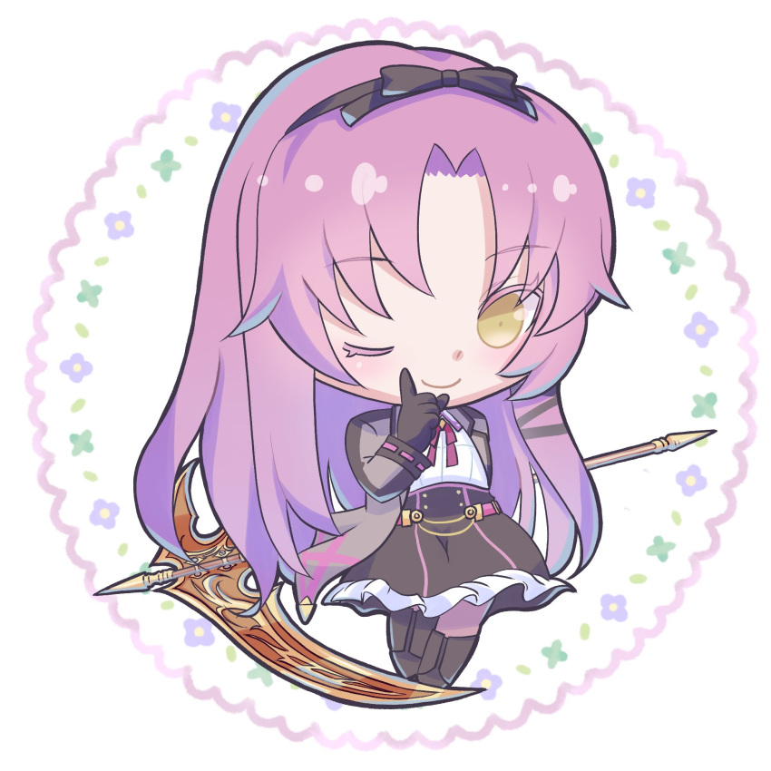 1girl, black_gloves, bow, chibi, curtained_hair, eiyuu_densetsu, full_body, gloves, hair_between_eyes, hair_bow, highres, holding, holding_scythe, huge_weapon, kuro_no_kiseki, long_hair, momoiro_sango, one_eye_closed, purple_hair, renne_(eiyuu_densetsu), scythe, skirt, smile, solo, weapon, yellow_eyes