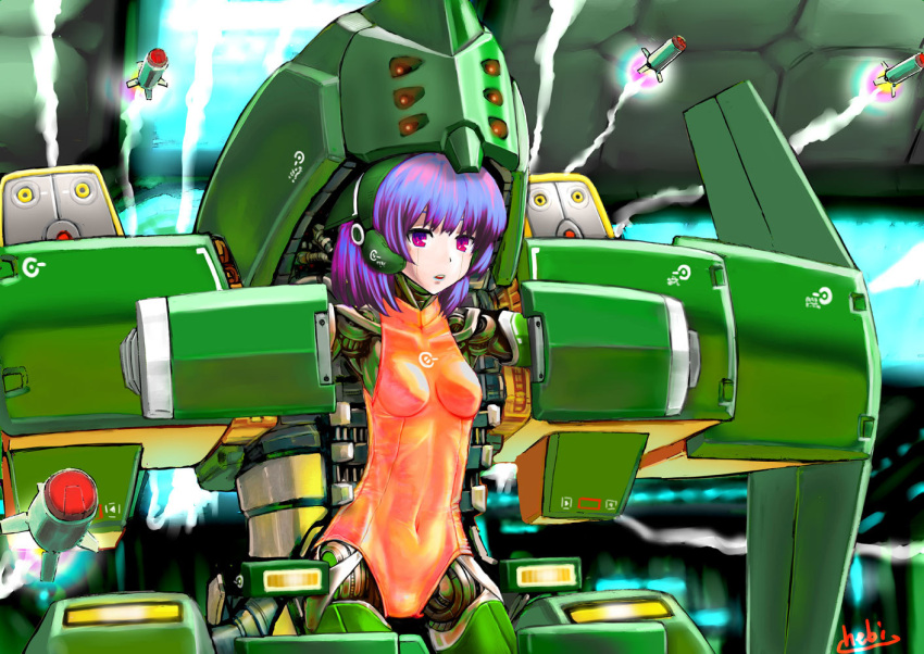 caseal, garanz, hebina_masayoshi, leotard, mecha, missile, navel, personification, phantasy_star, phantasy_star_online, power_armor, purple_eyes, purple_hair, robot_joints, short_hair, violet_eyes