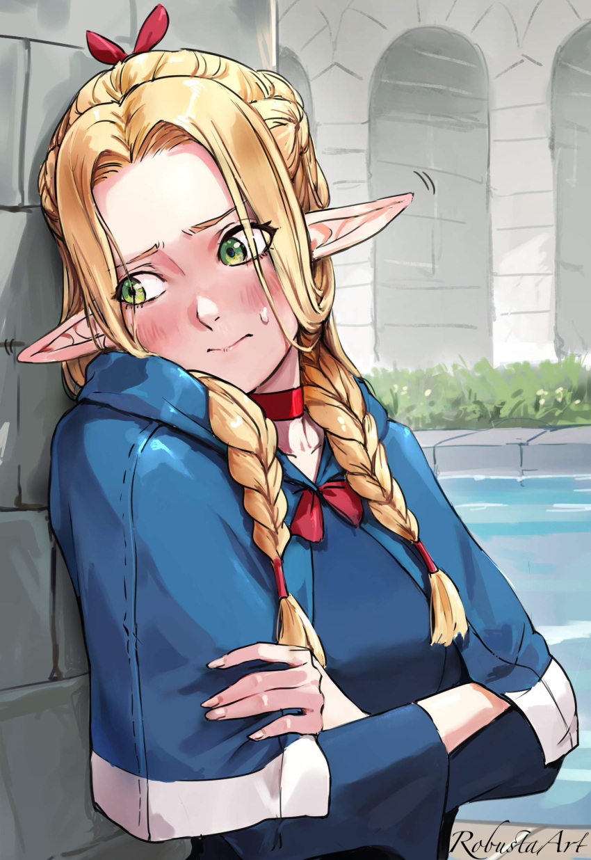 1girl, against_wall, artist_name, blonde_hair, blue_capelet, blush, braid, capelet