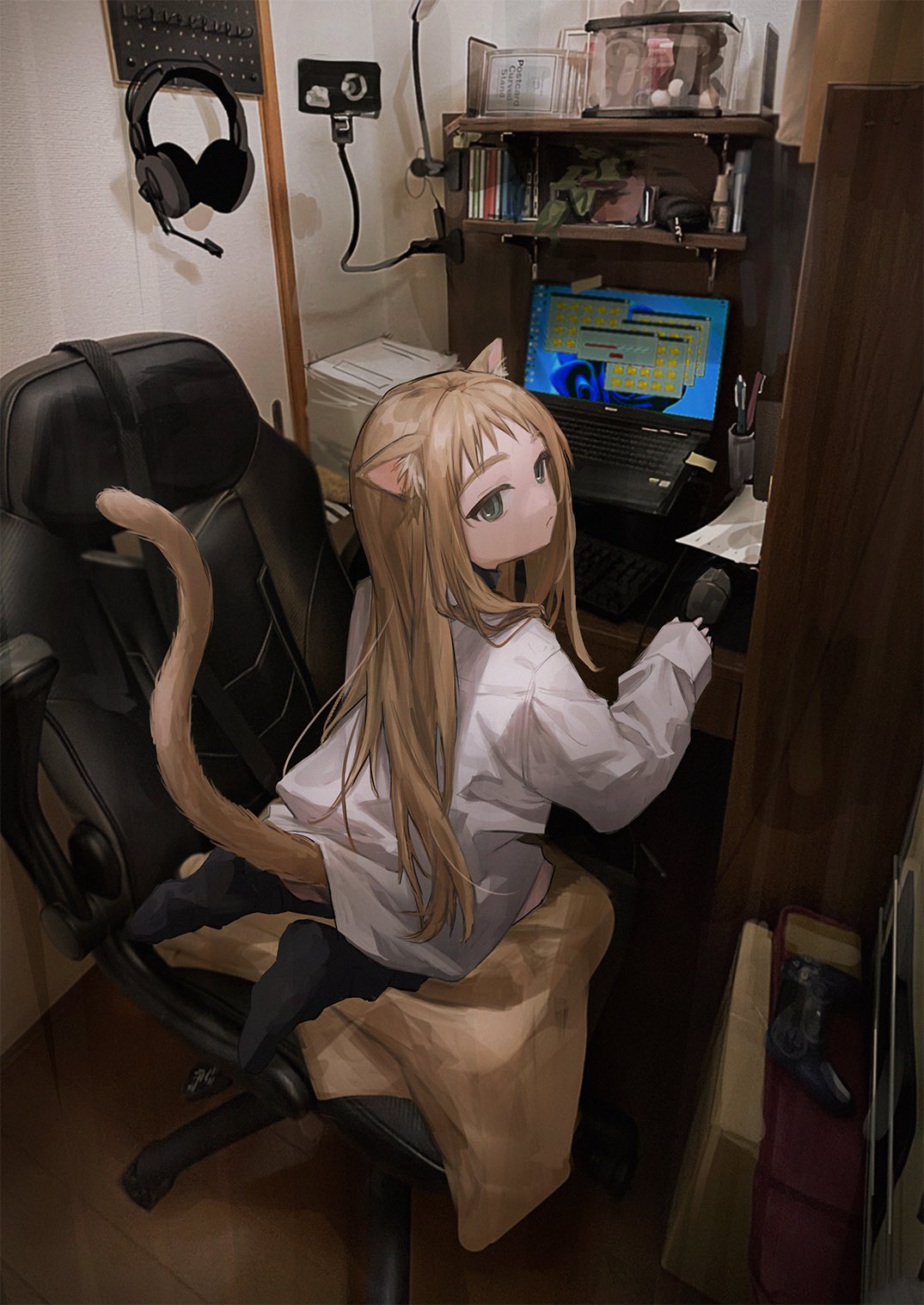 1girl, animal_ear_fluff, animal_ears, blonde_hair, cat_ears, cat_girl, cat_tail, chair, closed_mouth, computer, from_behind, green_eyes, headphones, highres, indoors, keyboard_(computer), komenomoku, long_hair, long_sleeves, looking_back, monitor, mouse_(computer), no_shoes, original, shirt, sitting, sleeves_past_wrists, solo, tail, white_shirt, wooden_floor