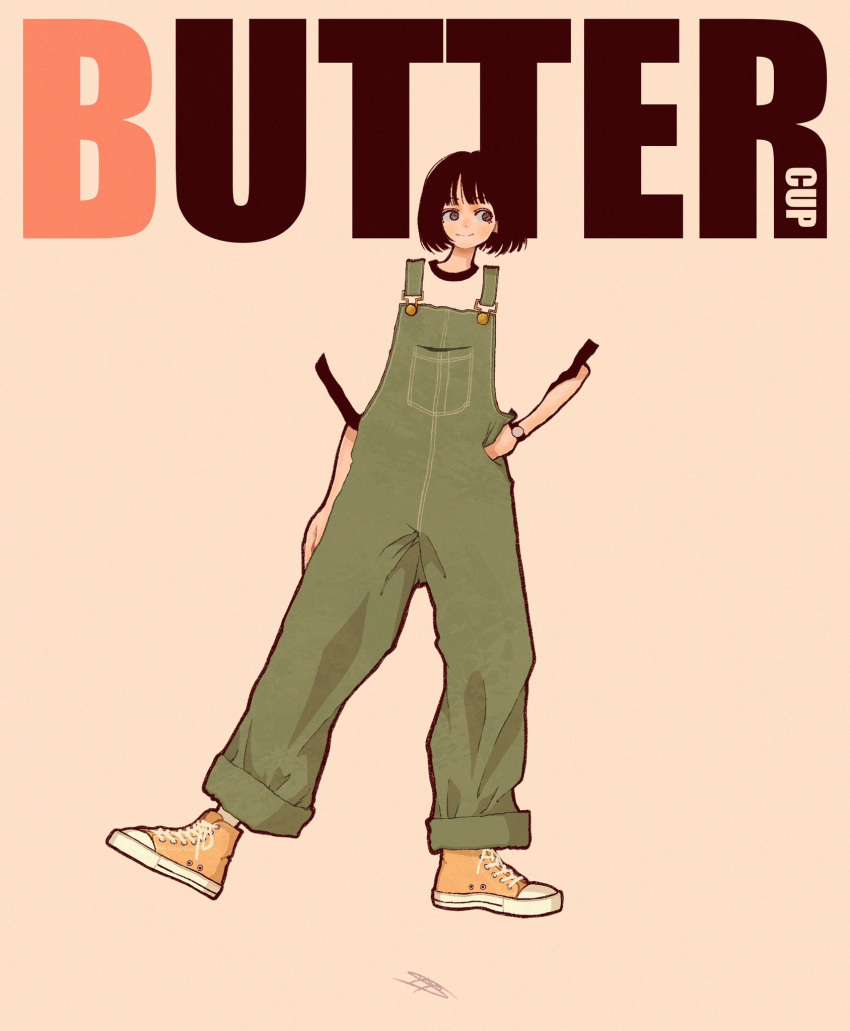 1girl, black_hair, blending, buttercup_(ppg), character_name, full_body, green_overalls, grey_eyes