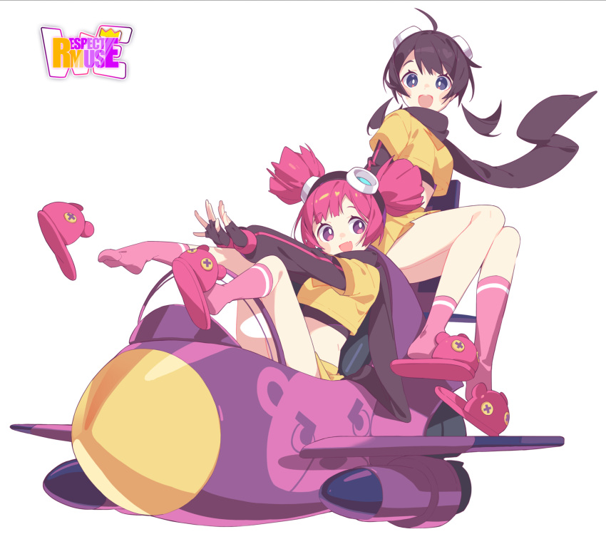 2girls, :d, absurdres, ahoge, brown_hair, buro_(muse_dash), djmax, fingerless_gloves