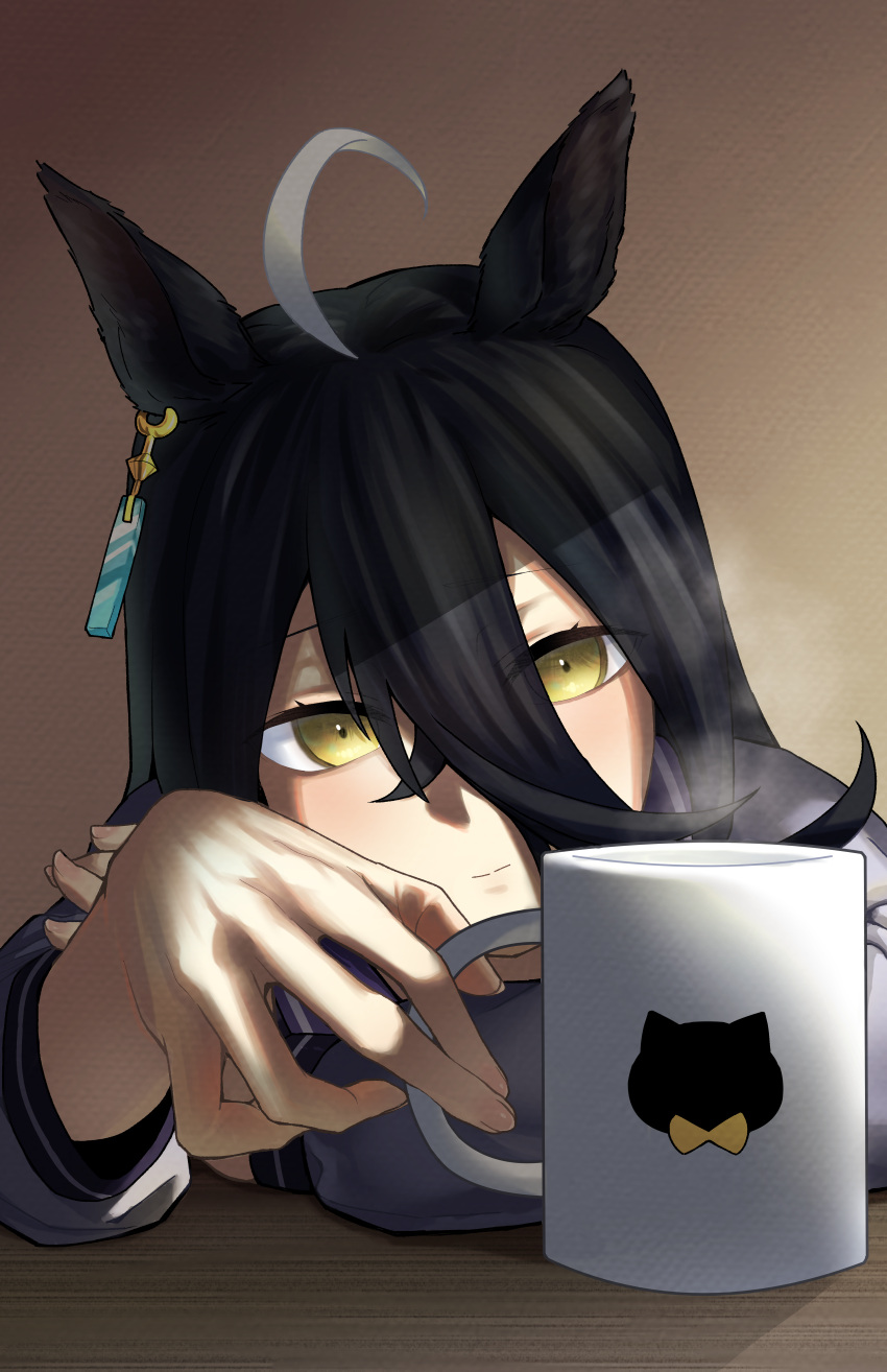 1girl, a4_(a4_eishi), absurdres, animal_ears, black_hair, closed_mouth, cup, earrings