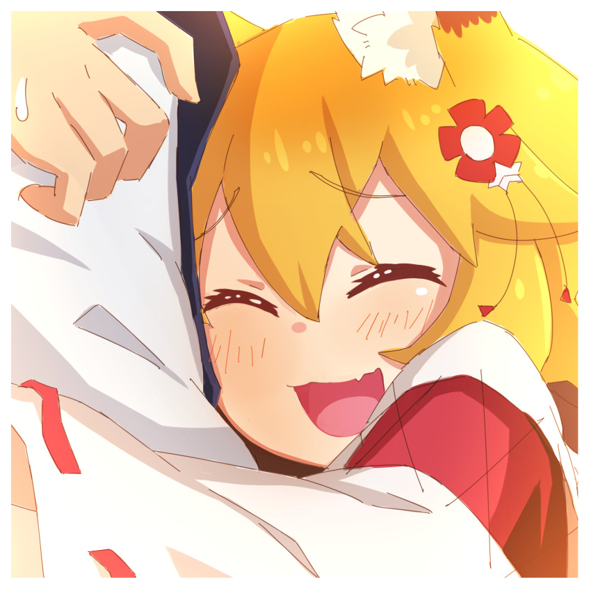 1boy, 1girl, :d, ^_^, animal_ear_fluff, animal_ears, black_shirt, blonde_hair