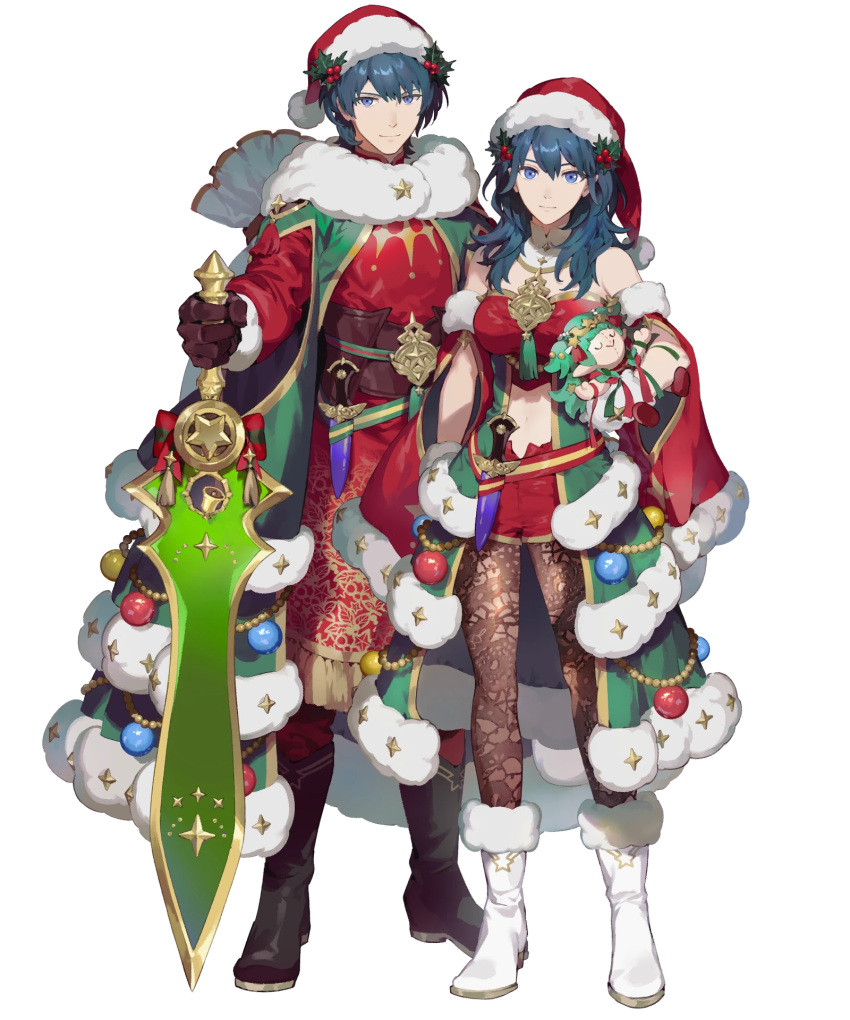 1boy, 1girl, bare_shoulders, black_footwear, black_gloves, blue_eyes, blue_hair, brooch, byleth_(female)_(fire_emblem), byleth_(female)_(frosty_professor)_(fire_emblem), byleth_(fire_emblem), byleth_(male)_(fire_emblem), byleth_(male)_(frosty_professor)_(fire_emblem), cape, character_doll, doll, dual_persona, fire_emblem, fire_emblem:_three_houses, fire_emblem_heroes, fur-trimmed_cape, fur_trim, gloves, green_cape, hat, highres, holding, holding_doll, holding_sword, holding_weapon, holly, jewelry, looking_at_viewer, medium_hair, midriff, navel, non-web_source, official_alternate_costume, official_art, pantyhose, red_cape, santa_costume, santa_hat, smile, sothis_(fire_emblem), suzuki_iori, sword, weapon, white_footwear, white_gloves