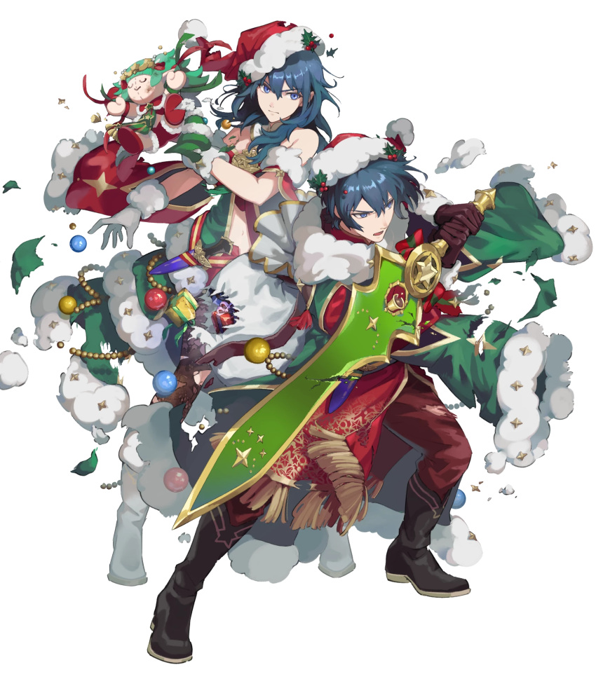 1boy, 1girl, bare_shoulders, black_footwear, black_gloves, blue_eyes, blue_hair, brooch, byleth_(female)_(fire_emblem), byleth_(female)_(frosty_professor)_(fire_emblem), byleth_(fire_emblem), byleth_(male)_(fire_emblem), byleth_(male)_(frosty_professor)_(fire_emblem), cape, character_doll, damaged, doll, dual_persona, fire_emblem, fire_emblem:_three_houses, fire_emblem_heroes, fur-trimmed_cape, fur_trim, gloves, green_cape, hat, highres, holding, holding_sword, holding_weapon, holly, jewelry, medium_hair, midriff, navel, non-web_source, official_alternate_costume, official_art, pantyhose, parted_lips, red_cape, santa_costume, santa_hat, simple_background, sothis_(fire_emblem), suzuki_iori, sword, torn_clothes, weapon, white_background, white_footwear, white_gloves