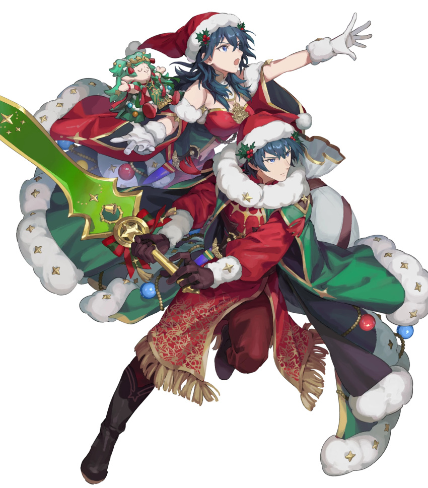 1boy, 1girl, attack, bare_shoulders, black_footwear, black_gloves, blue_eyes, blue_hair