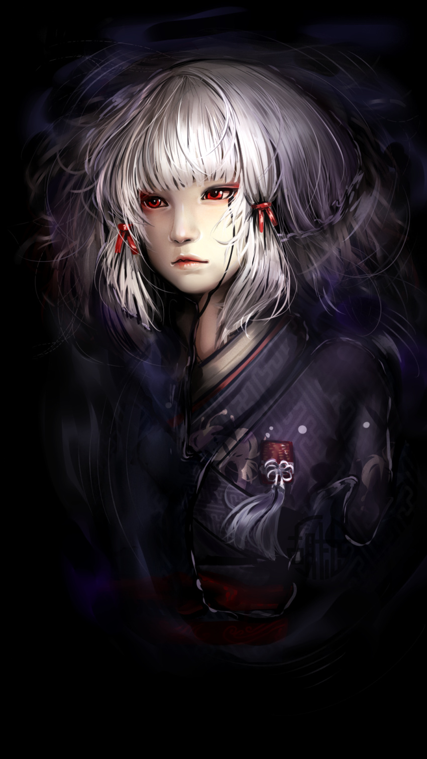 1girl, black_background, black_kimono, closed_mouth, commentary_request, fatal_frame, fatal_frame_5, grey_hair
