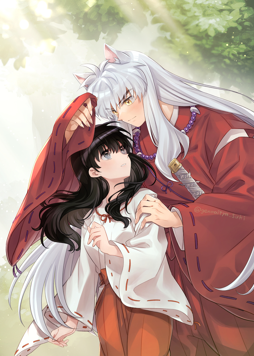 1boy, 1girl, animal_ears, black_hair, brown_eyes, claws, cloak, couple, dog_ears, genmaitya_suki, highres, higurashi_kagome, inuyasha, inuyasha_(character), japanese_clothes, jewelry, long_hair, miko, necklace, red_cloak, scabbard, sheath, white_hair, yellow_eyes