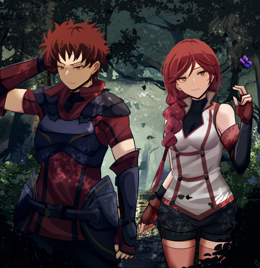 1boy, 1girl, arairev, armor, braid, breasts, bug, butterfly, couple, fingerless_gloves, forest, gauntlets, gloves, hai_to_gensou_no_grimgar, highres, large_breasts, long_hair, nature, ranta_(grimgar), red_eyes, redhead, short_hair, shorts, shoulder_armor, smile, thigh-highs, yume_(grimgar)