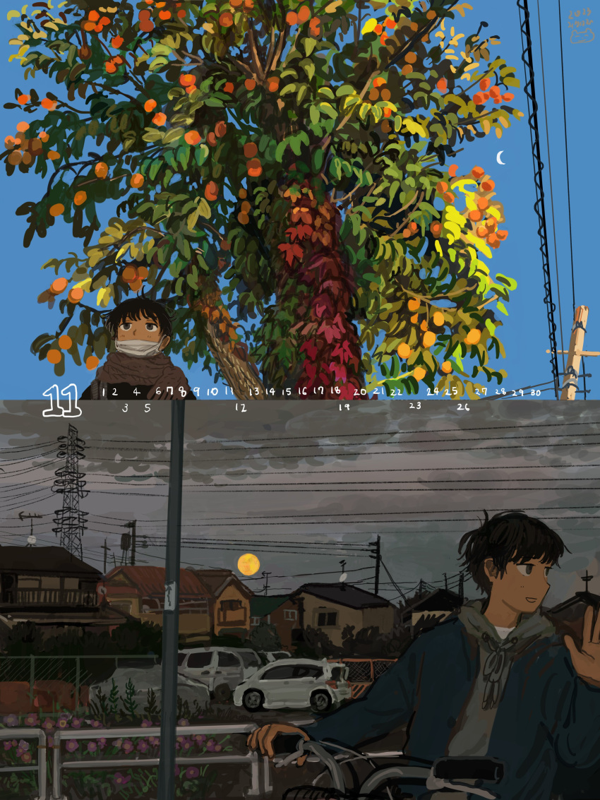 1boy, absurdres, artist_logo, bicycle, black_eyes, black_hair, blue_jacket, blue_sky